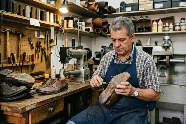Sapateiro avaliando sapatos desgastados para reforma em Sorocaba.