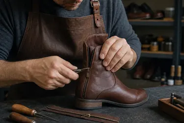 Sapateiro consertando zíper de botas em Sorocaba.