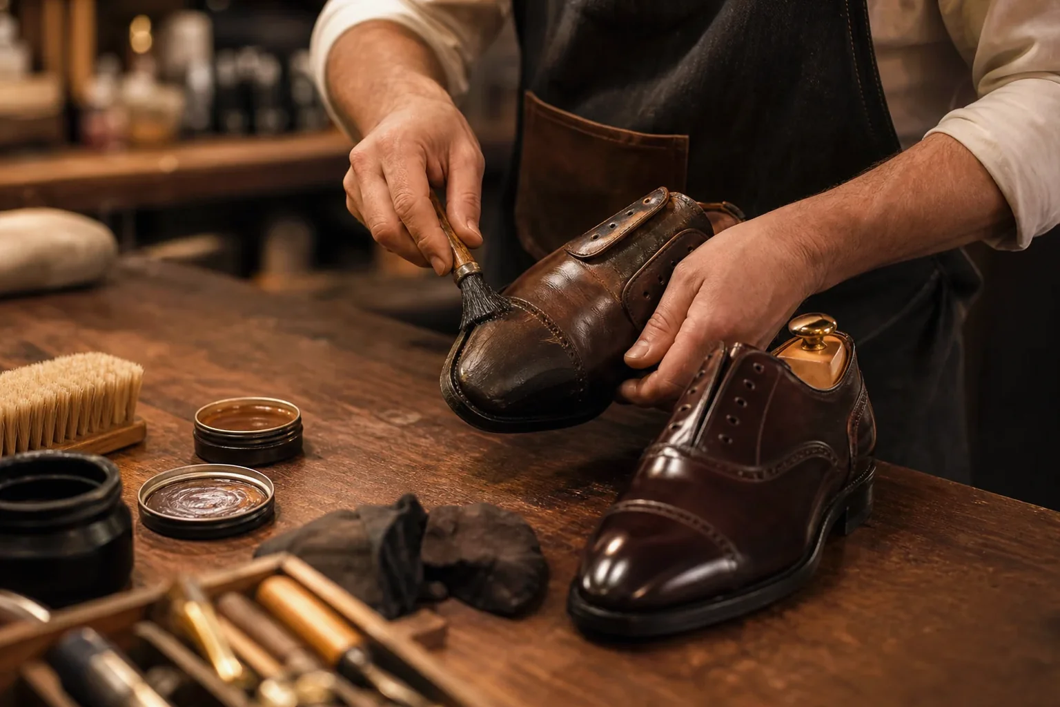 Sapateiro reformando sapatos sociais em Sorocaba.